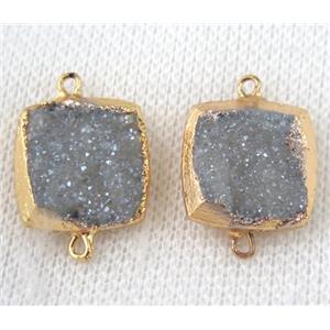 light blue-gray druzy quartz connector, square, gold plated, approx 16x16mm [GMPDA6599]