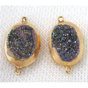 rainbow druzy quartz connector, oval, gold plated, approx 15x20mm [GMPDA6602]