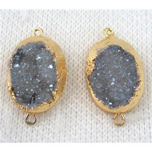 light blue-gray druzy quartz connector, oval, gold plated, approx 15x20mm [GMPDA6606]