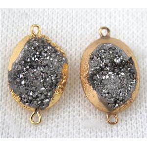 silver druzy quartz connector, oval, gold plated, approx 15x20mm [GMPDA6607]