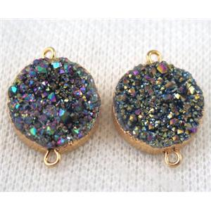 rainbow druzy quartz connector, flat round, gold plated, approx 16mm dia [GMPDA6626]