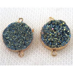 green druzy quartz connector, flat round, gold plated, approx 16mm dia [GMPDA6627]