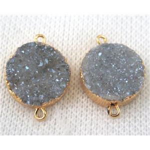 light blue-gray druzy quartz connector, flat round, gold plated, approx 16mm dia [GMPDA6629]