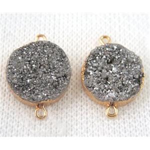 silver druzy quartz connector, flat round, gold plated, approx 16mm dia [GMPDA6630]