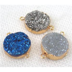 druzy quartz connector, mix color, flat round, gold plated, approx 16mm dia [GMPDA6631]