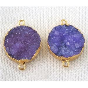purple druzy quartz connector, flat round, gold plated, approx 16mm dia [GMPDA6632]
