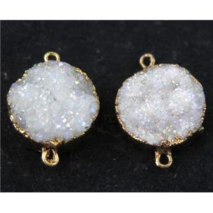 white AB-color druzy quartz connector, flat round, gold plated, approx 16mm dia [GMPDA6634]