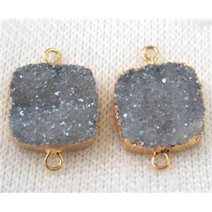 light blue-gray druzy quartz connector, square, gold plated, approx 16x16mm [GMPDA6640]