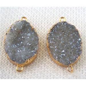 light blue-gray druzy quartz connector, oval, gold plated, approx 15x20mm [GMPDA6647]