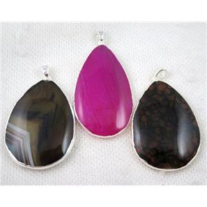agate pendant, mix color, teardrop, silver plated, approx 30-50mm [GMPDA6670]