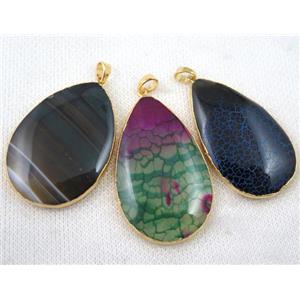 mixed agate pendant, teardrop, gold plated, approx 30-50mm [GMPDA6675]