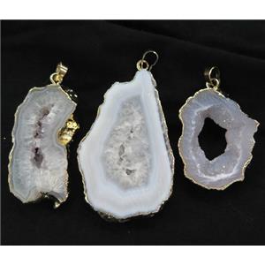 white agate druzy geode slice pendant, freeform, gold plated, approx 15-50mm [GMPDA6692]