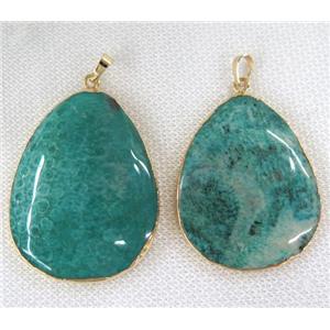 green coral fossil teardrop pendant, dye, gold plated, approx 20-50mm [GMPDA6700]