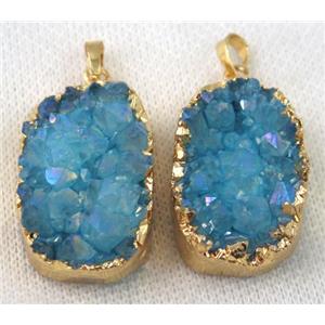 blue druzy quartz pendant, AB color, freeform, gold plated, approx 20-35mm [GMPDA6709]