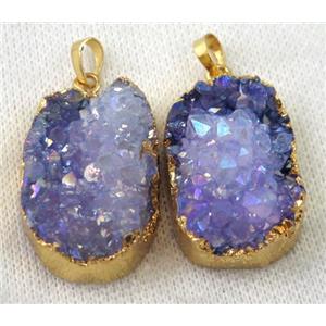 purple druzy quartz pendant, AB color, freeform, gold plated, approx 20-35mm [GMPDA6710]