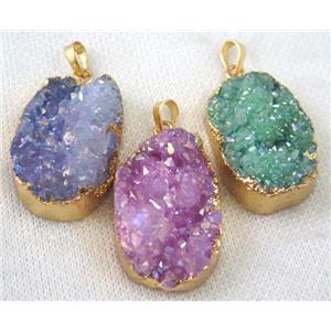 mix druzy quartz pendant, AB color, freeform, gold plated, approx 20-35mm [GMPDA6712]