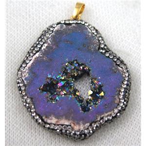 druzy agate slice pendant paved rhinestone, freeform, rainbow plated, approx 30-60mm [GMPDA6729]
