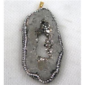 druzy agate slice pendant paved rhinestone, freeform, silver plated, approx 30-60mm [GMPDA6731]