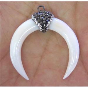 white shell crescent pendant paved rhinestone, horn, approx 33mm dia [GMPDA6763]