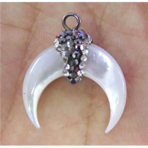 white pearl shell crescent pendant paved rhinestone, horn, approx 20mm dia [GMPDA6764]