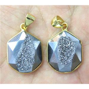 druzy agate pendant, faceted hexagon, silver, approx 15-20mm [GMPDA6782]
