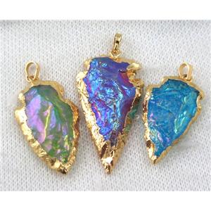 hammered Clear Quartz pendant, mix color, arrowhead, gold plated, approx 22-35mm [GMPDA6802]