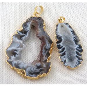 Agua Nueva Mexican Agate druzy slice pendant, freeform, gold plated, approx 15-40mm [GMPDA6804]