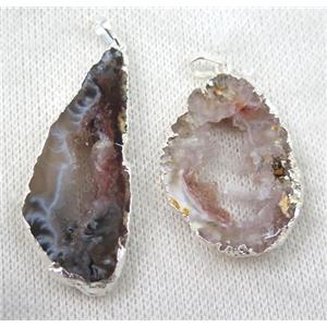 druzy Agate slice pendant, freeform, sliver plated, approx 15-40mm [GMPDA6805]