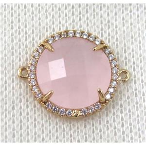 pink crystal glass flat-round connector paved zircon, gold plated, approx 18mm dia [GMPDA6843]