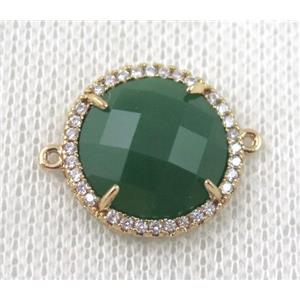 green crystal glass flat-round connector paved zircon, gold plated, approx 18mm dia [GMPDA6845]