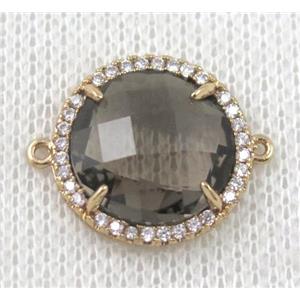 smoky crystal glass flat-round connector paved zircon, gold plated, approx 18mm dia [GMPDA6846]