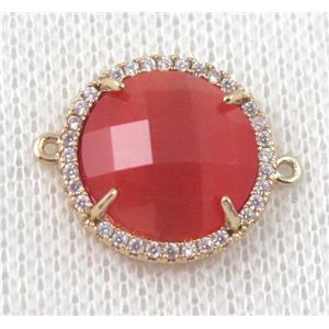 red crystal glass flat-round connector paved zircon, gold plated, approx 18mm dia [GMPDA6847]