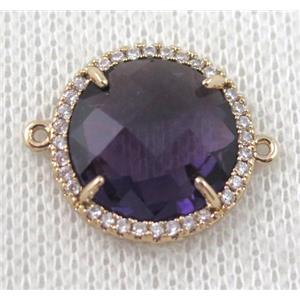 dark-purple crystal glass flat-round connector paved zircon, gold plated, approx 18mm dia [GMPDA6848]