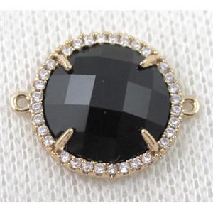 black crystal glass flat-round connector paved zircon, gold plated, approx 18mm dia [GMPDA6849]