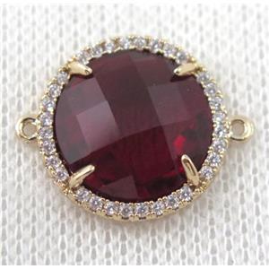 ruby crystal glass flat-round connector paved zircon, gold plated, approx 18mm dia [GMPDA6850]