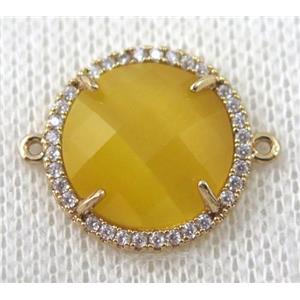 yellow crystal glass flat-round connector paved zircon, gold plated, approx 18mm dia [GMPDA6851]