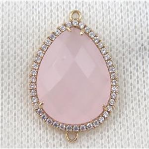 pink crystal glass teardrop connector paved zircon, gold plated, approx 14x18mm [GMPDA6854-14X18MM]