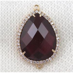 dark-red crystal glass teardrop connector paved zircon, gold plated, approx 18x24mm [GMPDA6858-18X24MM]