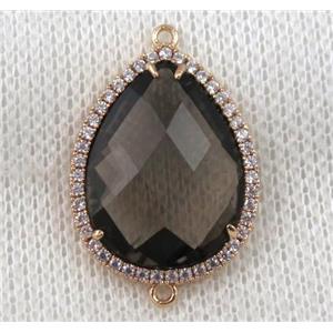 smoky crystal glass teardrop connector paved zircon, gold plated, approx 18x24mm [GMPDA6860-18X24MM]