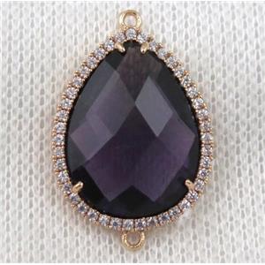 dark-purple crystal glass teardrop connector paved zircon, gold plated, approx 18x24mm [GMPDA6863-18X24MM]