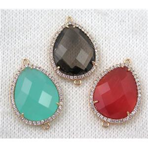 crystal glass teardrop connector paved zircon, mix color, gold plated, approx 18x24mm [GMPDA6864-18X24MM]