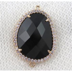 black crystal glass teardrop connector paved zircon, gold plated, approx 18x24mm [GMPDA6865]
