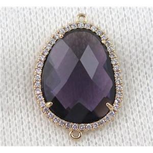 purple crystal glass teardrop connector paved zircon, gold plated, approx 18x24mm [GMPDA6866]