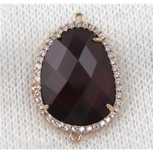 dark-ruby crystal glass teardrop connector paved zircon, gold plated, approx 18x24mm [GMPDA6867]