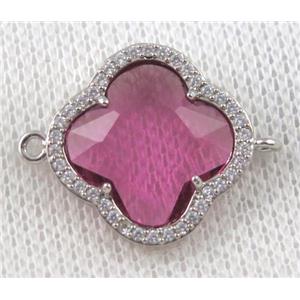 hot pink crystal glass four-leaf Clover connector paved zircon, platinum plated, approx 20mm dia [GMPDA6871]