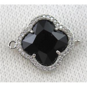 black crystal glass four-leaf Clover connector paved zircon, platinum plated, approx 20mm dia [GMPDA6872]
