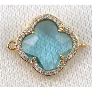 aqua crystal glass four-leaf Clover connector paved zircon, gold plated, approx 20mm dia [GMPDA6873]