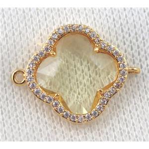 golden crystal glass four-leaf Clover connector paved zircon, gold plated, approx 20mm dia [GMPDA6875]