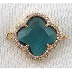 peacock blue crystal glass four-leaf Clover connector paved zircon, gold plated, approx 20mm dia [GMPDA6877]