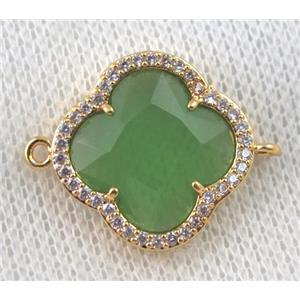 olive crystal glass four-leaf Clover connector paved zircon, gold plated, approx 20mm dia [GMPDA6878]